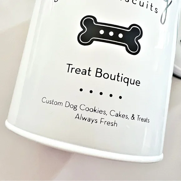 ENAMELED DOG TREAT METAL CANISTER BLACK WHITE HAUTE DOG BONE GRAPHICS IN… - Picture 6 of 12
